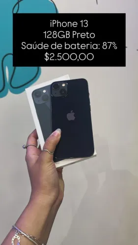 iPhone 13 / 128GB / Preto / Saúde de bateria 87% / R$ 2.500,00