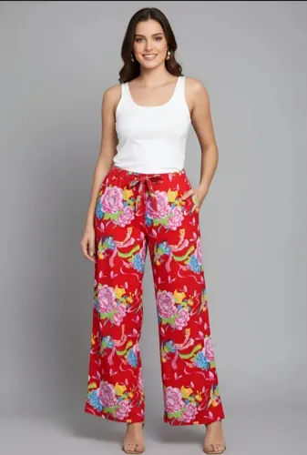 Calça Pantalona Floral Vermelha