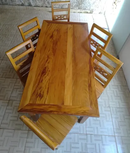 Mesa de jantar 100% madeira de demolição (peroba rosa) madeira maciça com 6 cadeiras