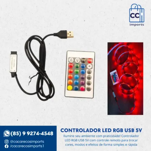 Controlador LED RGB 24 Key IR - 4 Pinos USB 5V com Controle Remoto