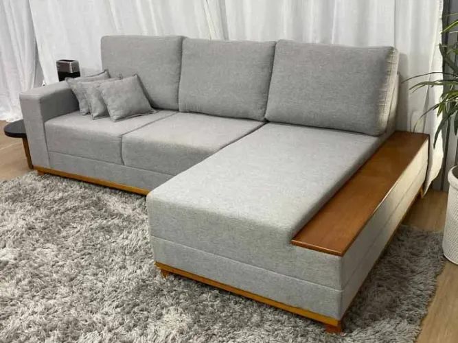 Sofá 3 Lugares com Chaise Linho Cinza