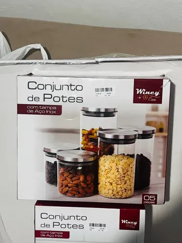 Kit com 5 potes em vidro com tampa inox e silicone 
