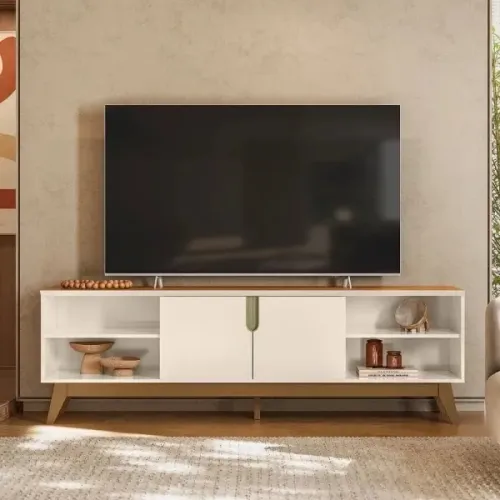 Rack para Tv de até 75 Polegadas 2 Portas com Nichos Campinas Off white/ Canela Mobler