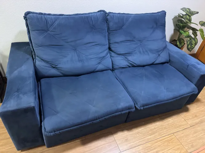 Sofá de Suede Azul - Encosto Reclinável e Chaise