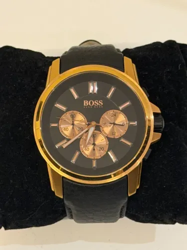Hugo Boss Masculino Cronógrafo Rose Gold Couro Preto Original