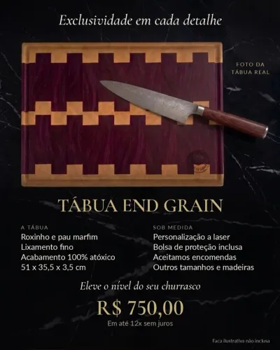 Tábua de Corte End Grain Artesanal, Roxinho e Pau Marfim.