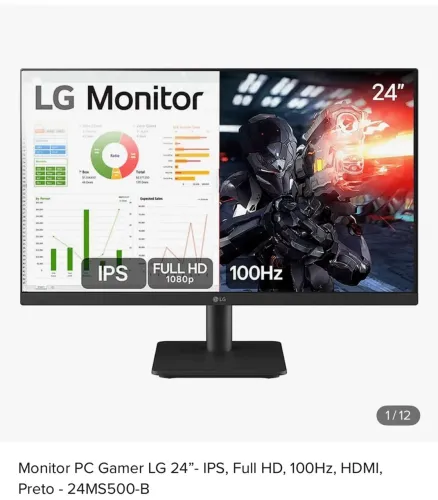 Monitor PC Gamer LG 24"- IPS, Full HD, 100Hz, HDMI, Preto - 24MS500-B