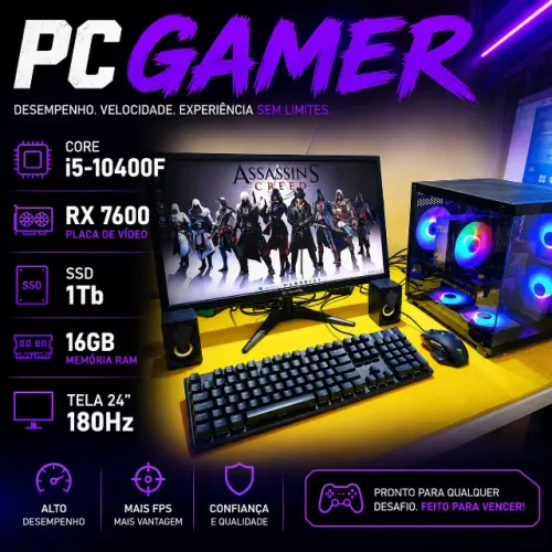 PC Gamer Core i5-10400F RX 7600 Ssd 1Tb 16gb Ram Tela 24 180Hz