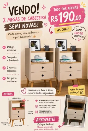 Par de Mesas de Cabeceira Modernas - Semi Novas Excelente Estado