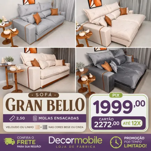 Sofá Granbello 2,50 Molas ensacadas poucas unidades linho ou veludo