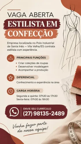 VAGA DE EMPREGO - ESTILISTA EM CONFECÇÃO