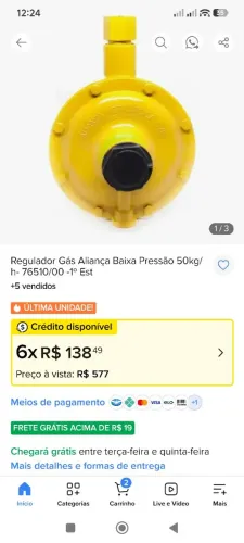 Regulador Gás Aliança Baixa Pressão 50kg/h- 76510/00 -1º Est