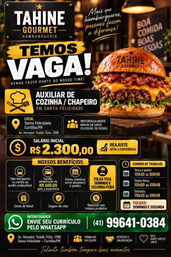 VAGA DE EMPREGO - HAMBURGUERIA | SANTA FELICIDADE