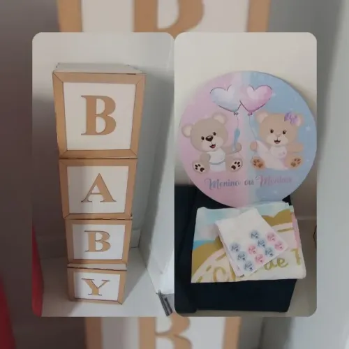 Painel chá revelação e cubos baby.