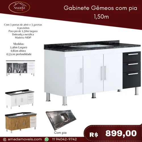 Gabinete de cozinha com pia gêmeos , à pronta entrega 