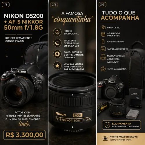 Nikon D5200 + AF-S NIKKOR 50mm f/1.8G (?cinquentinha?) + mochila compacta