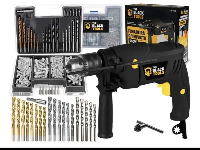 Furadeira de impacto 13mm 750w profissional com kit brocas, buchas e bits
