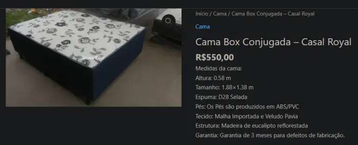 Cama Box Conjugada - Casal Royal R$550,00 Medidas da cama: Altura: 0.58 m Tamanho: 1.88×1