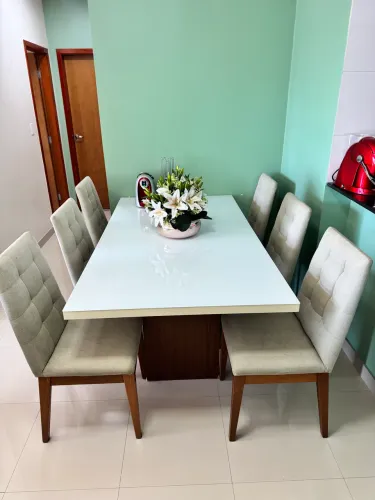 Mesa de Jantar Superfície de Vidro 6 Lugares c/ 6 Cadeiras