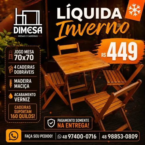 Mesa madeira maciça com verniz + 4 cadeiras dobráveis