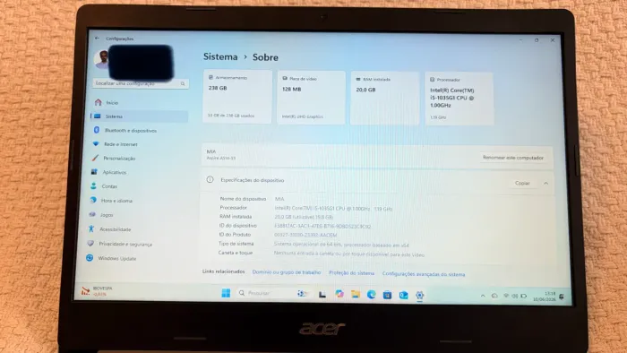 Acer Aspire 5 i5 10ª Gen | 20GB RAM | SSD NVMe | Tela Full HD 14?