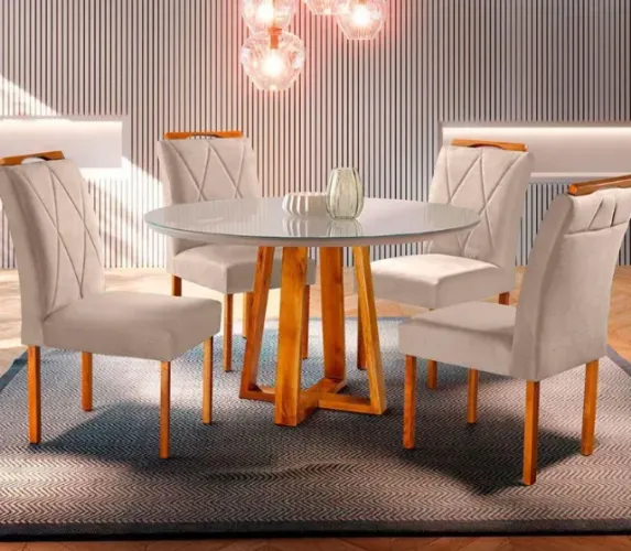 Conjunto de Mesa Natalle Redonda 120 com vidro 4 Cadeiras