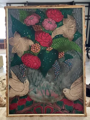 Quadro Original Caio Borges - Flores e Pássaros - 69,5x49cm