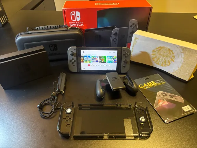 Nintendo Switch V2 completo na caixa com cartão 128GB e acessórios