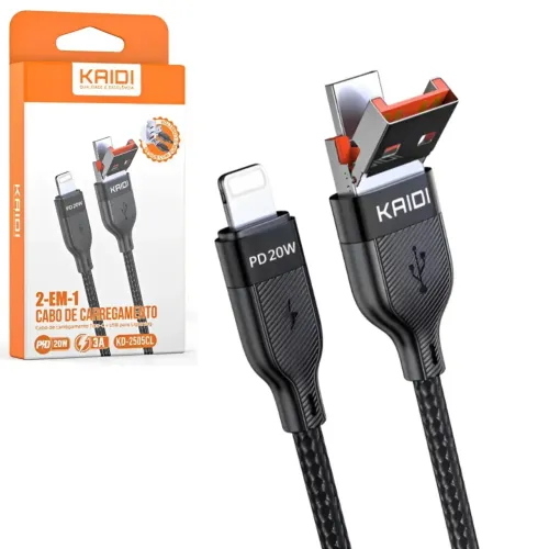 Cabo para iPhone 20W Turbo 2 em 1 USB e Tipo-C 1 Metro Trama de Tecido - Kaidi 
