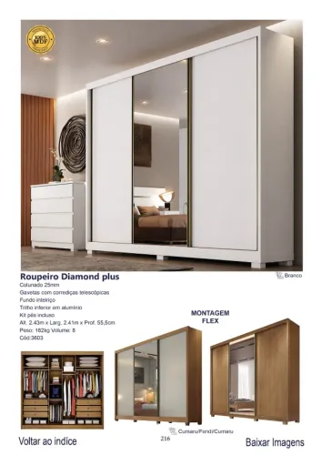 Roupeiro Diamond Plus c/01 espelhos e pés