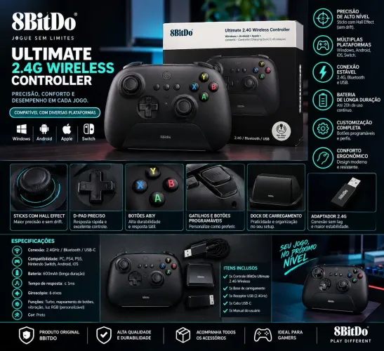Controle 8BitDo Ultimate 2.4G Wireless - Hall Effect + Dock