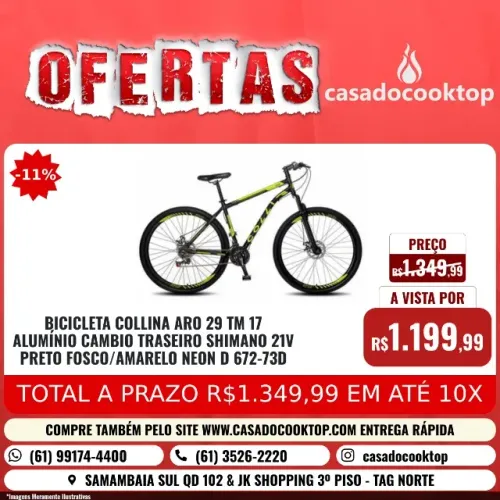 BICICLETA COLLINA ARO 29 TM 17 ALUMÍNIO CAMBIO TRASEIRO SHIMANO 21V PRETO FOSCO/AMARELO NE