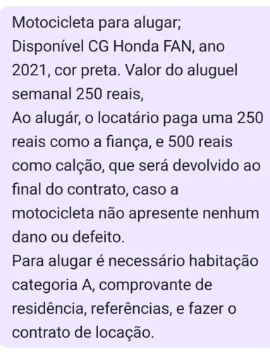 Aluga-se MOTO CG Honda FAN, ano 2021