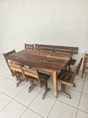 MESA JANTAR IMBUIA CHURRASQUEIA BANCO E CADEIRAS EM ATÉ 12 X COM JUROS DA MAQUINA
