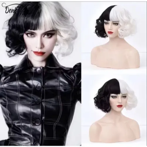Peruca preto e branca curta Cosplay Cruella