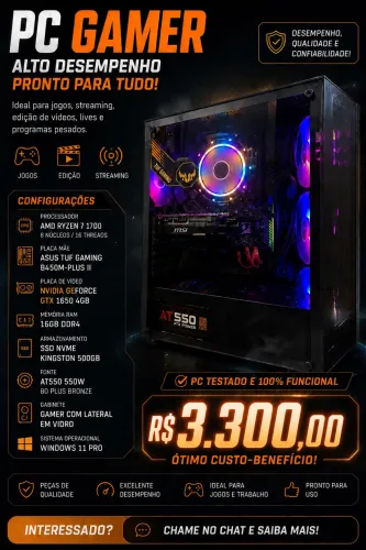 PC Gamer Ryzen 7 + GTX 1650 4GB, 16GB, SSD 500GB