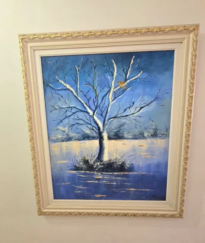Quadro pintura à oleo árvore no inverno, com moldura branca e dourada