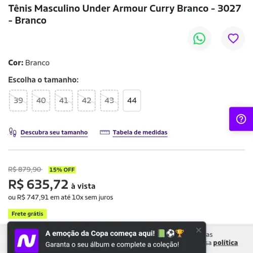 Tênis Masculino Under Armour Curry - COR:  Branco | TAM: 40