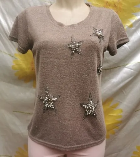 blusa w. j. y bordada strass/pérolas com fios dourados tam m