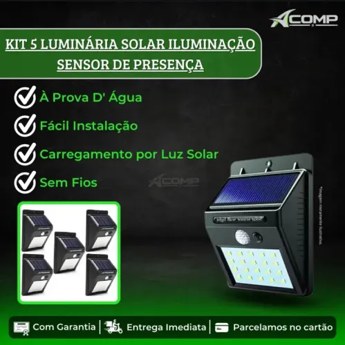 Kit 5 Luminárias Solares Sensor de Presença - Iluminação Externa