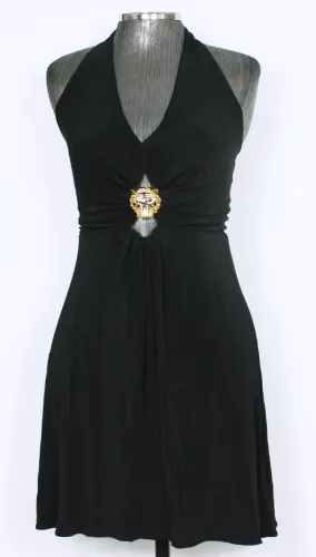 Vestido frente única evasê preto tigre dourado - Veste M - Ref. 3256
