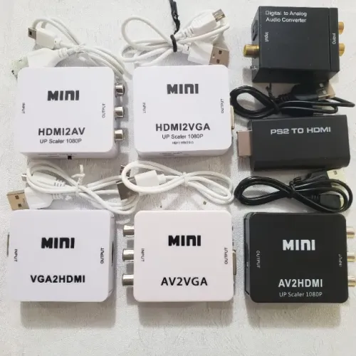 Vários modelos de adaptadores hdmi x vga, rca x vga, vga x hdmi, rca x hdmi, e adap ps2.