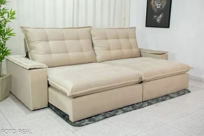 Sofá Retrátil Reclinável Atenas 2.90m Veludo Bege - D33 e Molas Ensacadas rf75
