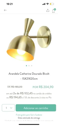 Par de Arandelas Catherine Dourado Bivolt - 15X21X20cm