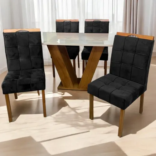 Mesa de Jantar com 4 Cadeiras Sophia Mel/Veludo Preto Madeira Maciça tt43