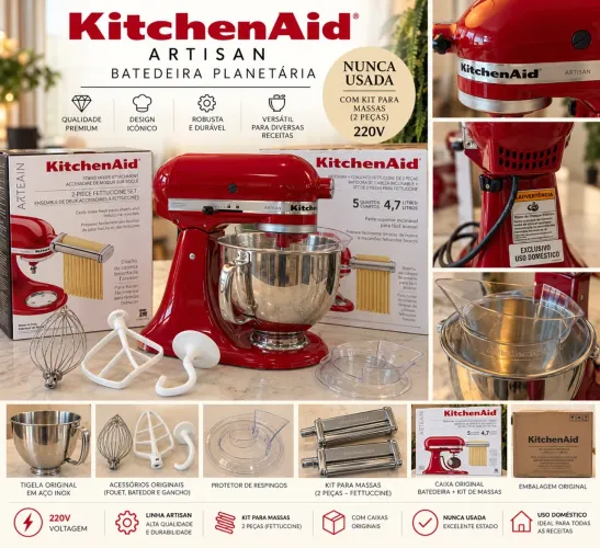 Batedeira KitchenAid Artisan Vermelha 220V + Kit de Massas