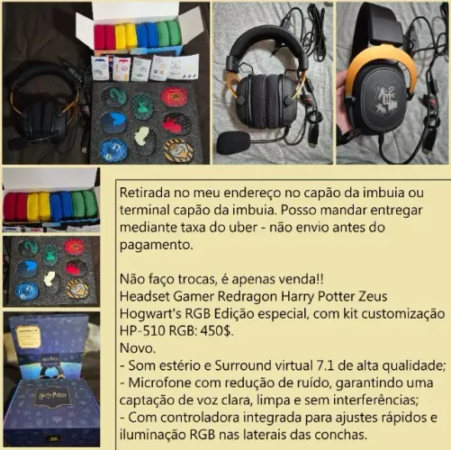 Headset Gamer Redragon Zeus RGB 7.1 Edição Especial Harry Potter novo