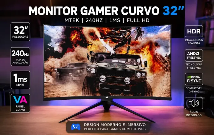 Monitor Gamer Curvo Mtek 32" | 240Hz | 1ms