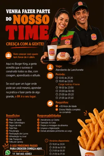 Vaga de emprego Atendente Burger king