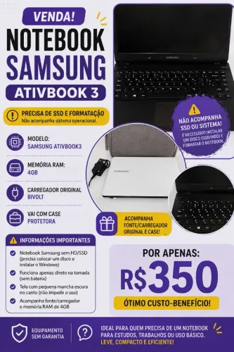 Notebook Samsung AtivBook 3 - 4GB RAM + Carregador Original + Case - R$ 350